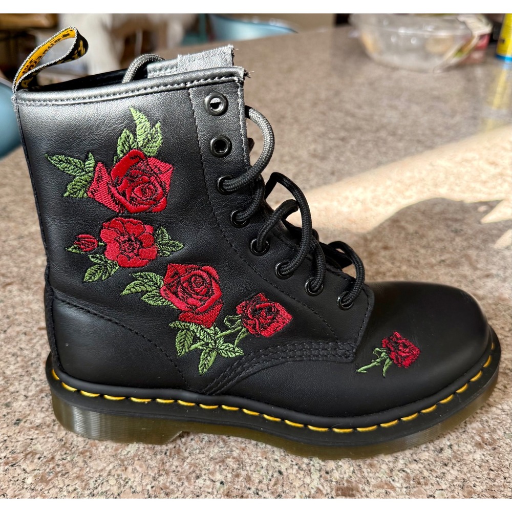 Dr Martens Black Leather Rose Embroidered Combat Boots Women - Picture 5 of 10